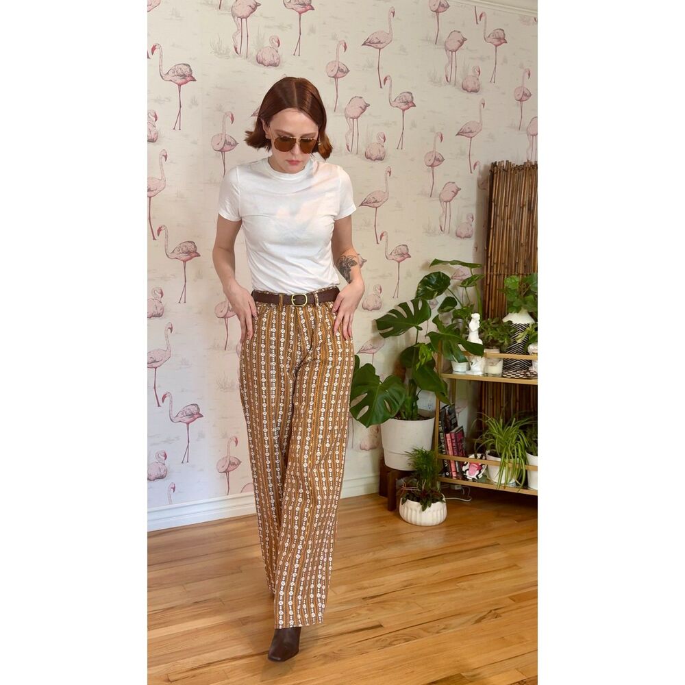 Vintage Daisy Print Yellow and Brown Wide Leg Floral Pant Size 8 - Picture 8 of 10
